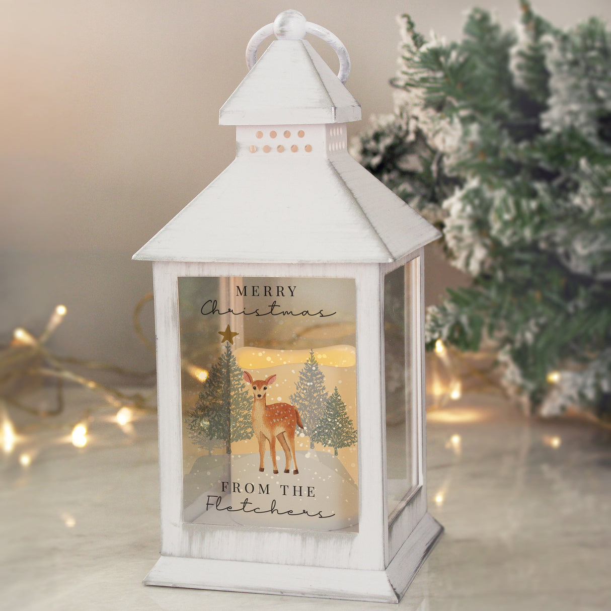 Personalised Christmas Deer White LED Lantern: 2 - LED Lighting By Gift Moments