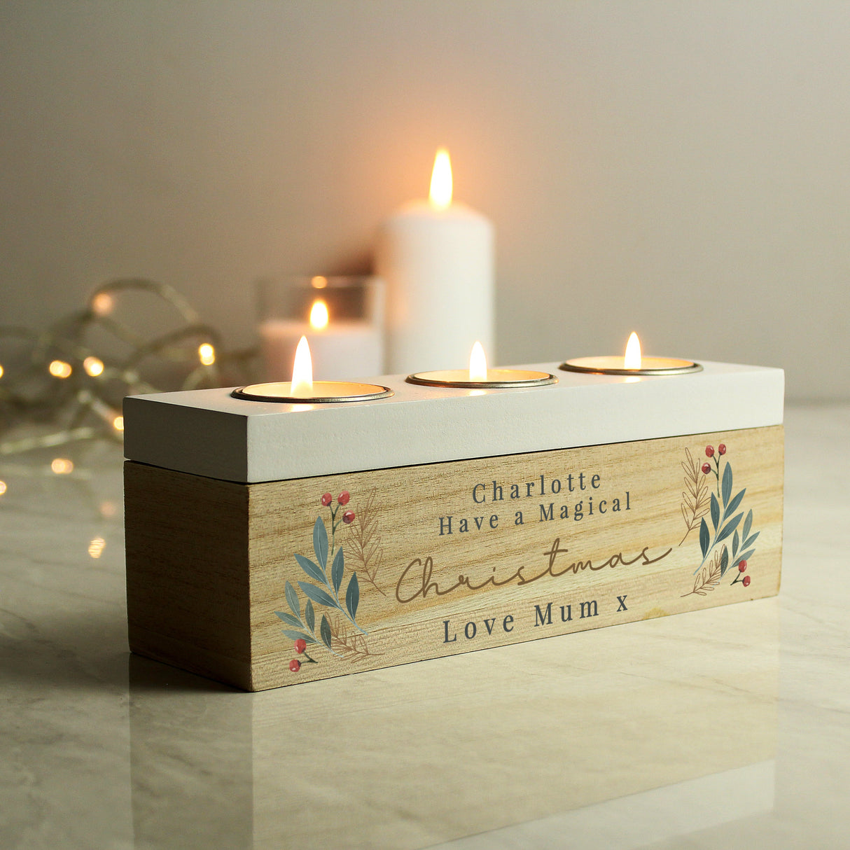 Personalised Christmas Foliage Triple Tea Light Box: 4 - Candle Holders By Gift Moments
