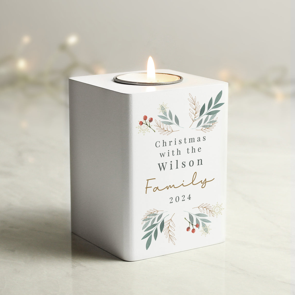 Personalised Christmas Foliage White Tealight Holder: 3 - Candle Holders By Gift Moments