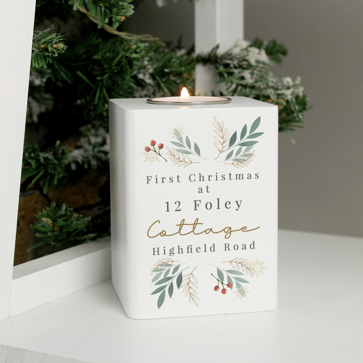 Personalised Christmas Foliage White Tealight Holder: 4 - Candle Holders By Gift Moments