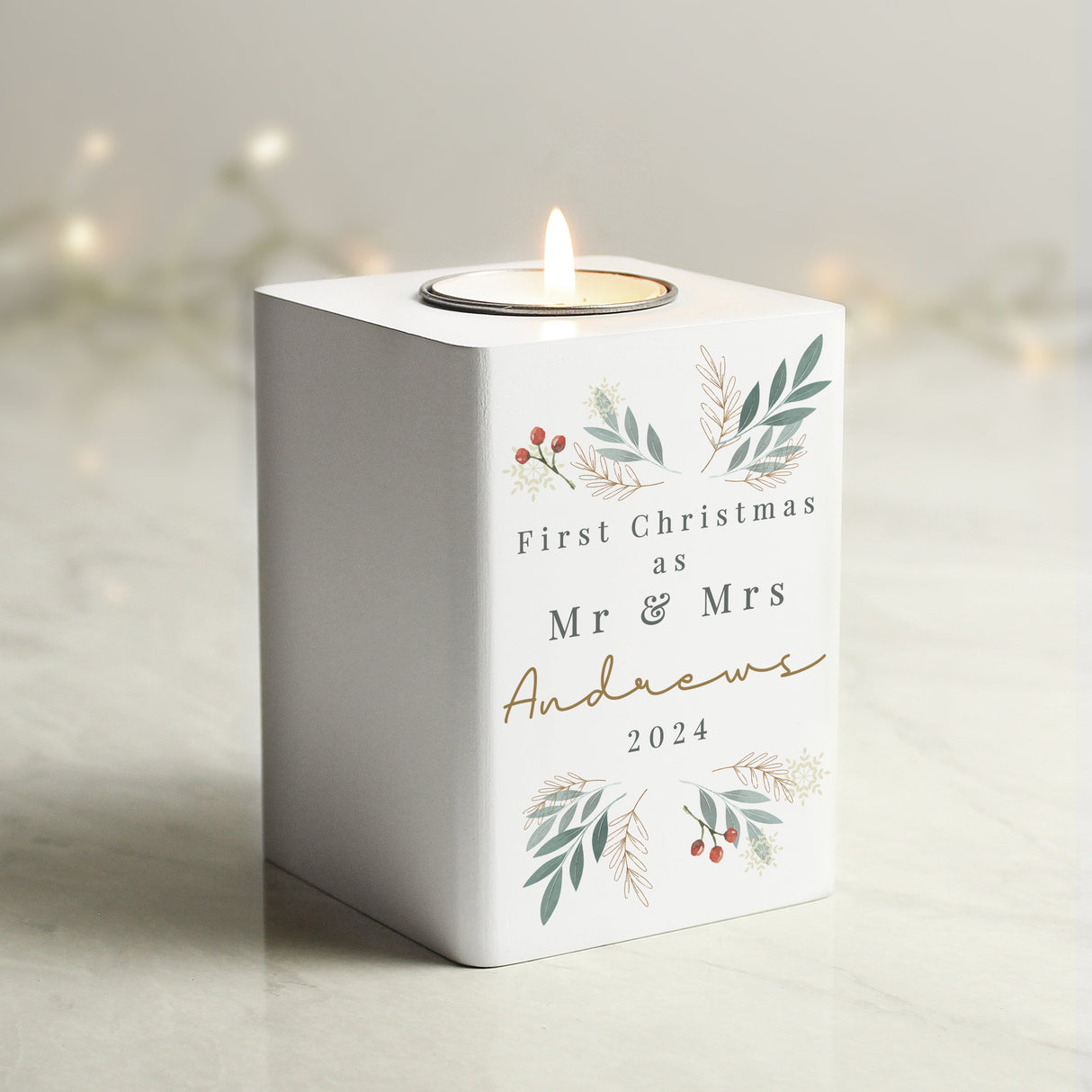 Personalised Christmas Foliage White Tealight Holder: 1 - Candle Holders By Gift Moments