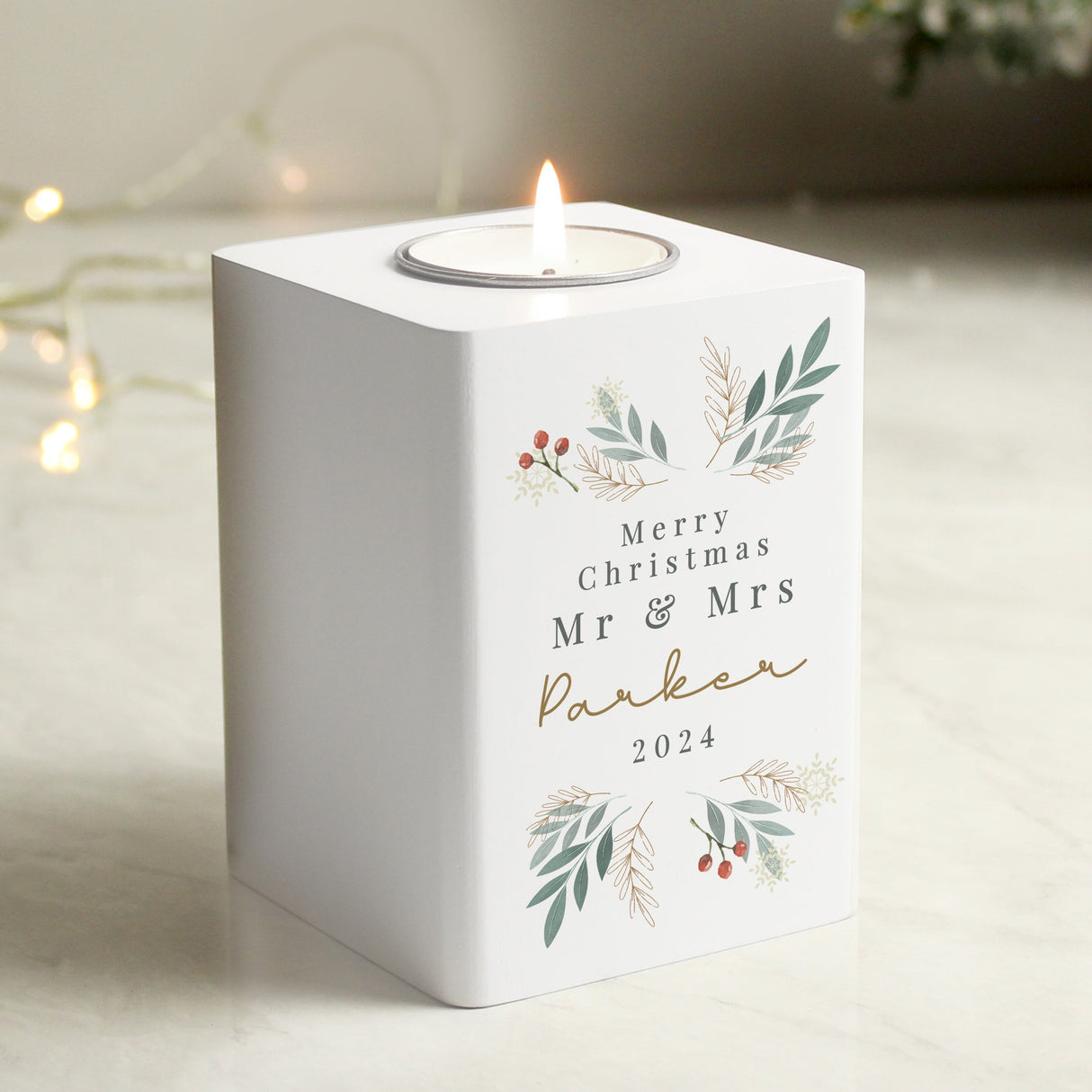 Personalised Christmas Foliage White Tealight Holder: 2 - Candle Holders By Gift Moments