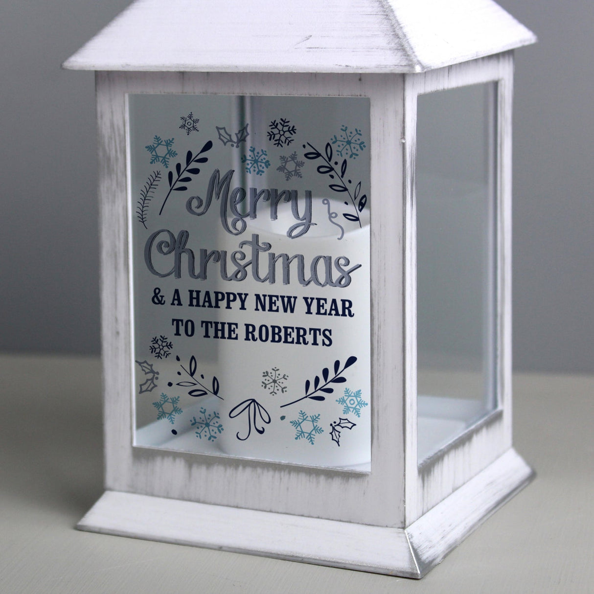 Personalised Christmas Frost White Lantern: 3 - LED Lighting By Gift Moments
