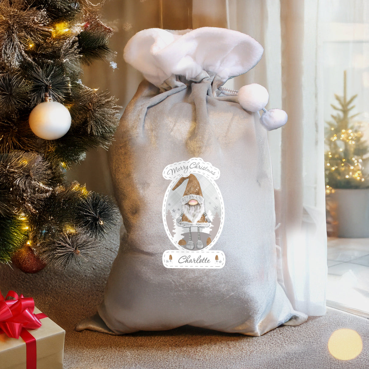 Personalised Christmas Gonk Luxury Silver Grey Pom Pom Sack - Shop Christmas Sacks At Gift Moments - 2