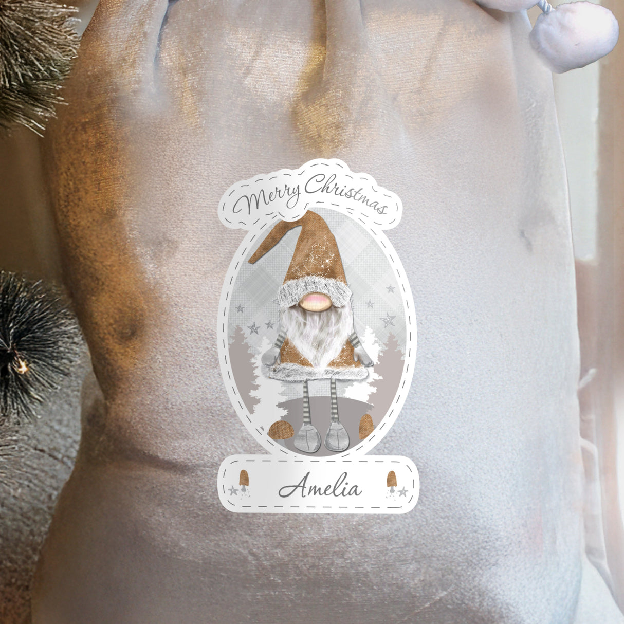 Personalised Christmas Gonk Luxury Silver Grey Pom Pom Sack - Shop Christmas Sacks At Gift Moments - 4
