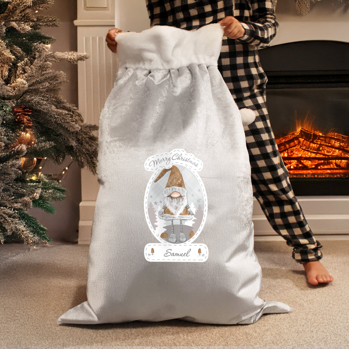 Personalised Christmas Gonk Luxury Silver Grey Pom Pom Sack - Shop Christmas Sacks At Gift Moments - 3