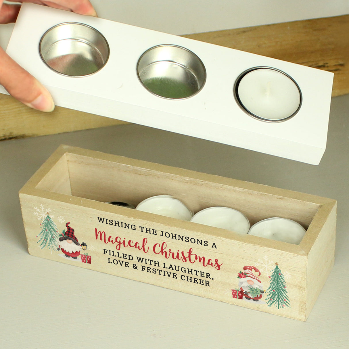 Personalised Christmas Gonk Triple Tea Light Box: 2 - Candle Holders By Gift Moments