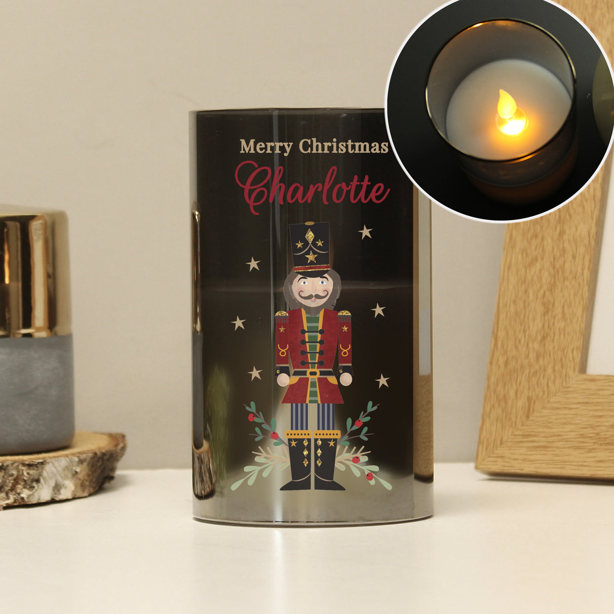 Personalised Christmas Nutcracker Smoked LED Candle: 5 - LED Lighting By Gift Moments