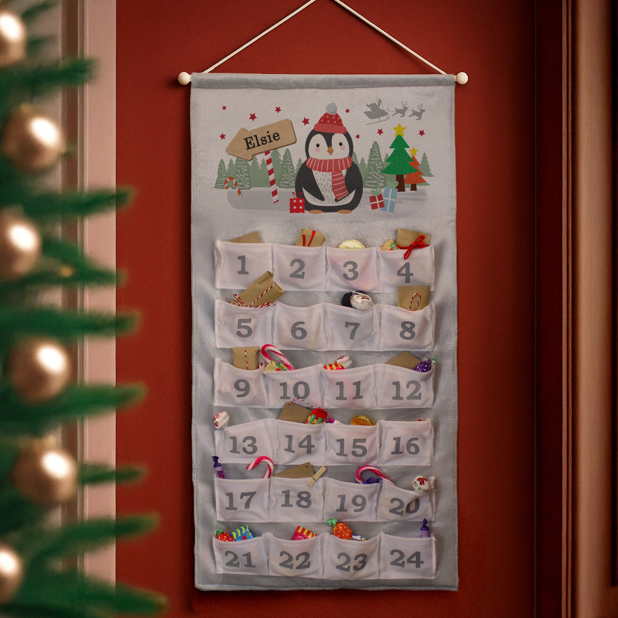 Personalised Christmas Penguin Advent Calendar In Silver Grey: 1 - Advent Calendars By Gift Moments
