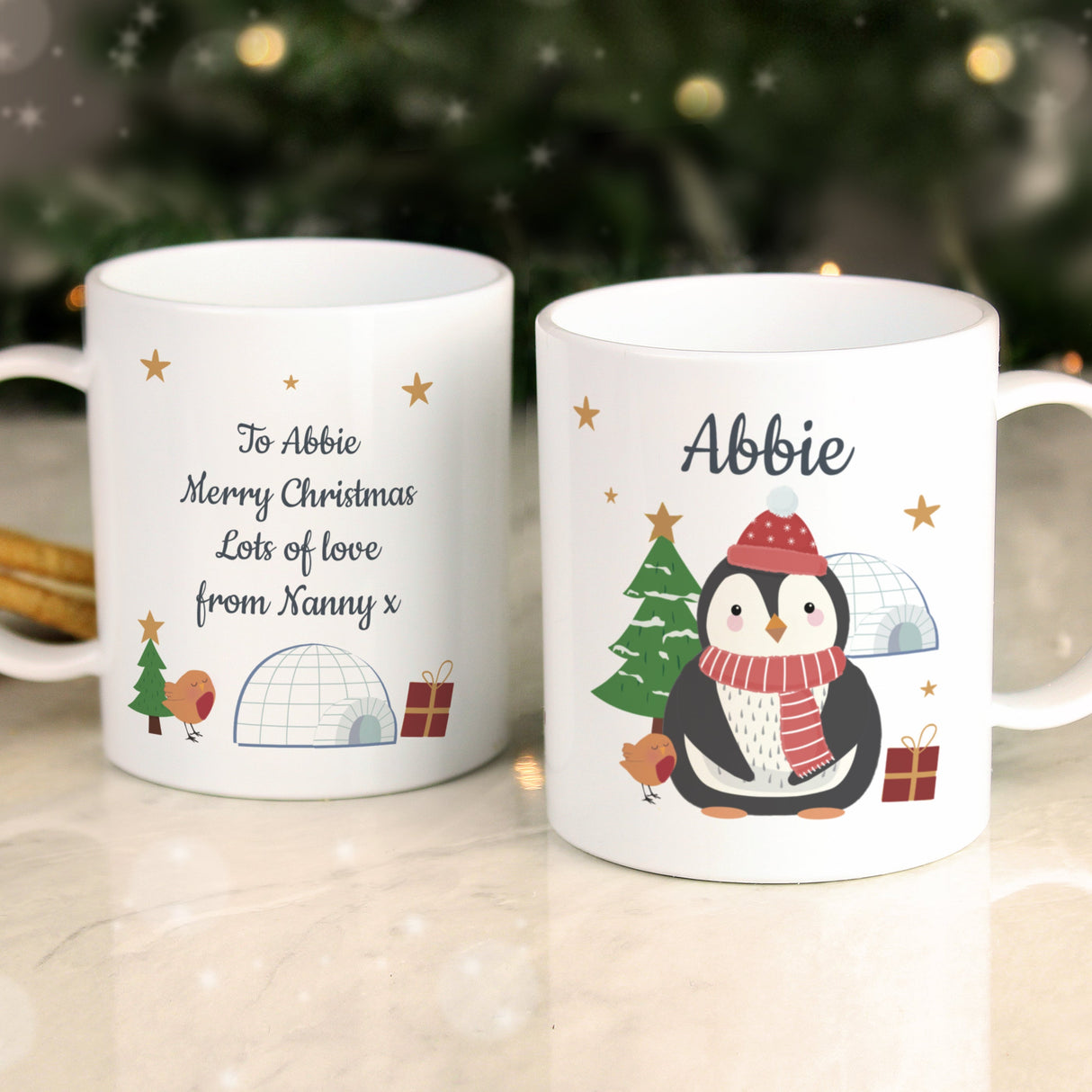 Personalised Christmas Penguin Plastic Mug: 2 - Plastic Mugs By Gift Moments