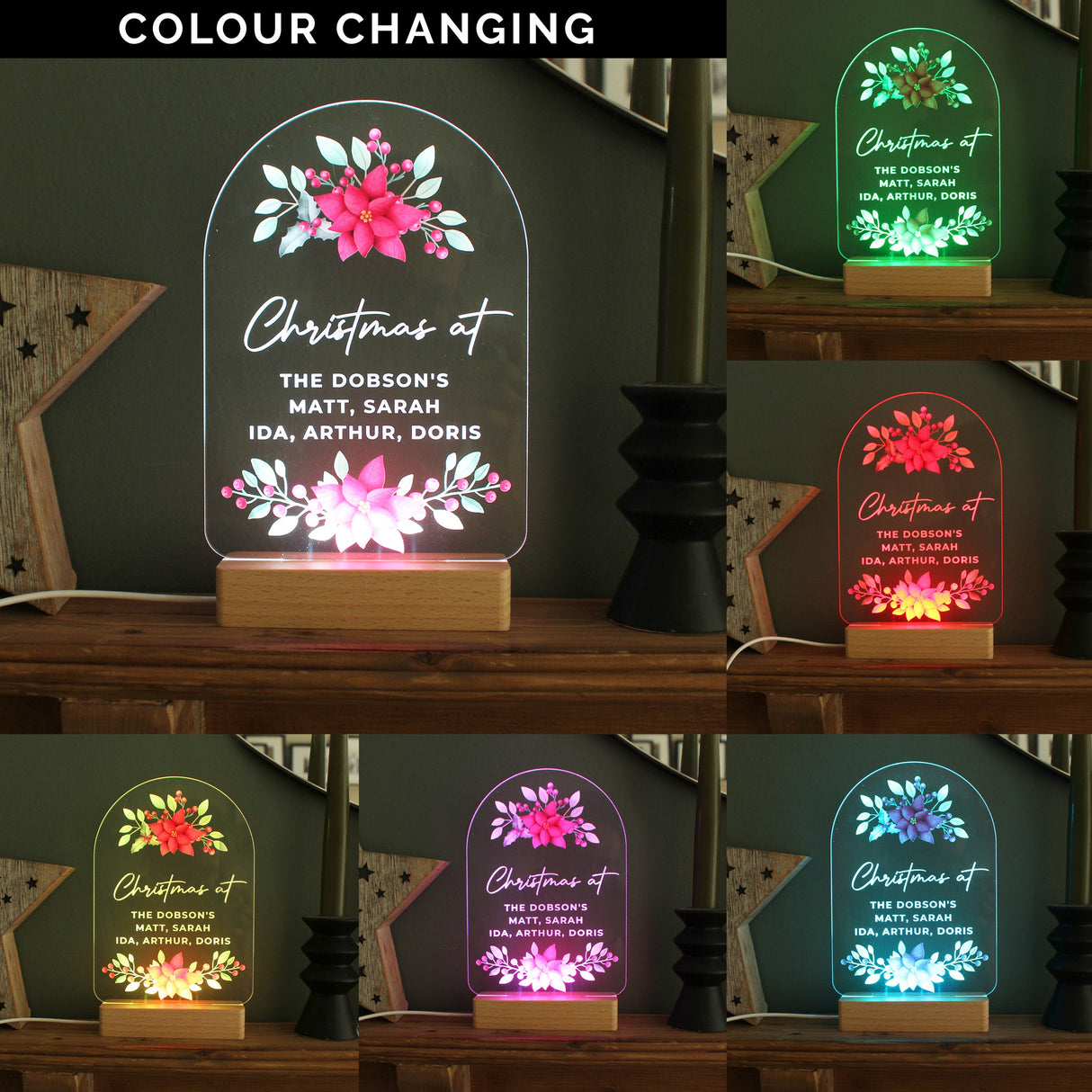 Personalised Christmas Poinsettia Wooden Based LED Light: 2 - LED Lighting By Gift Moments