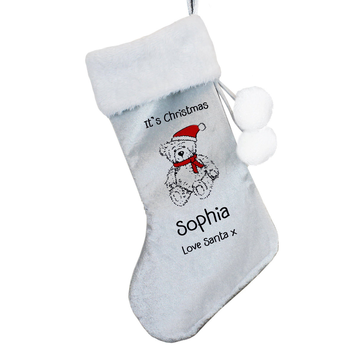 Personalised Christmas Teddy Silver Grey Stocking: 3 - Christmas Stockings By Gift Moments