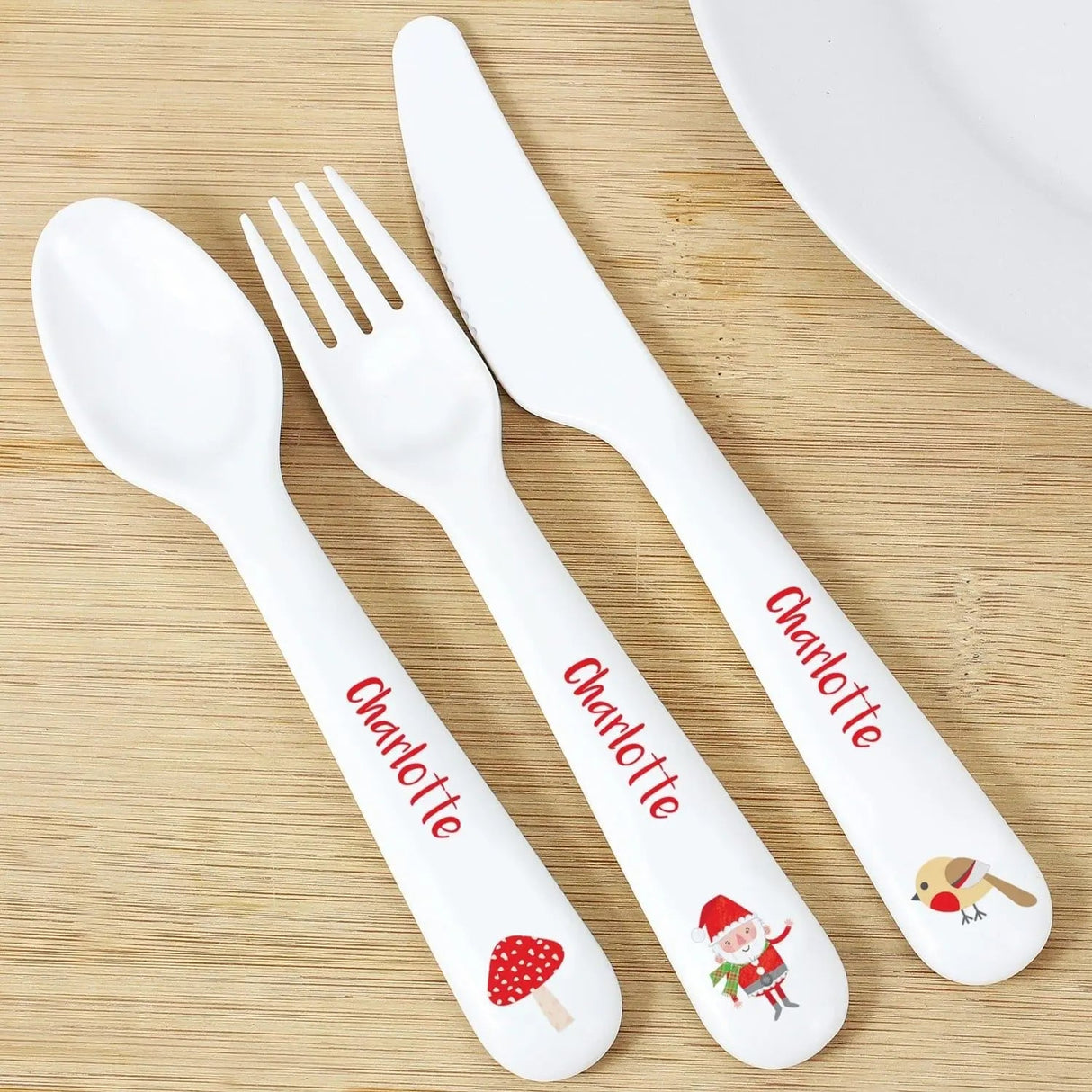 Personalised Christmas Toadstool Santa 3 Piece Plastic Cutlery Set: 1 - Cutlery Sets By Gift Moments