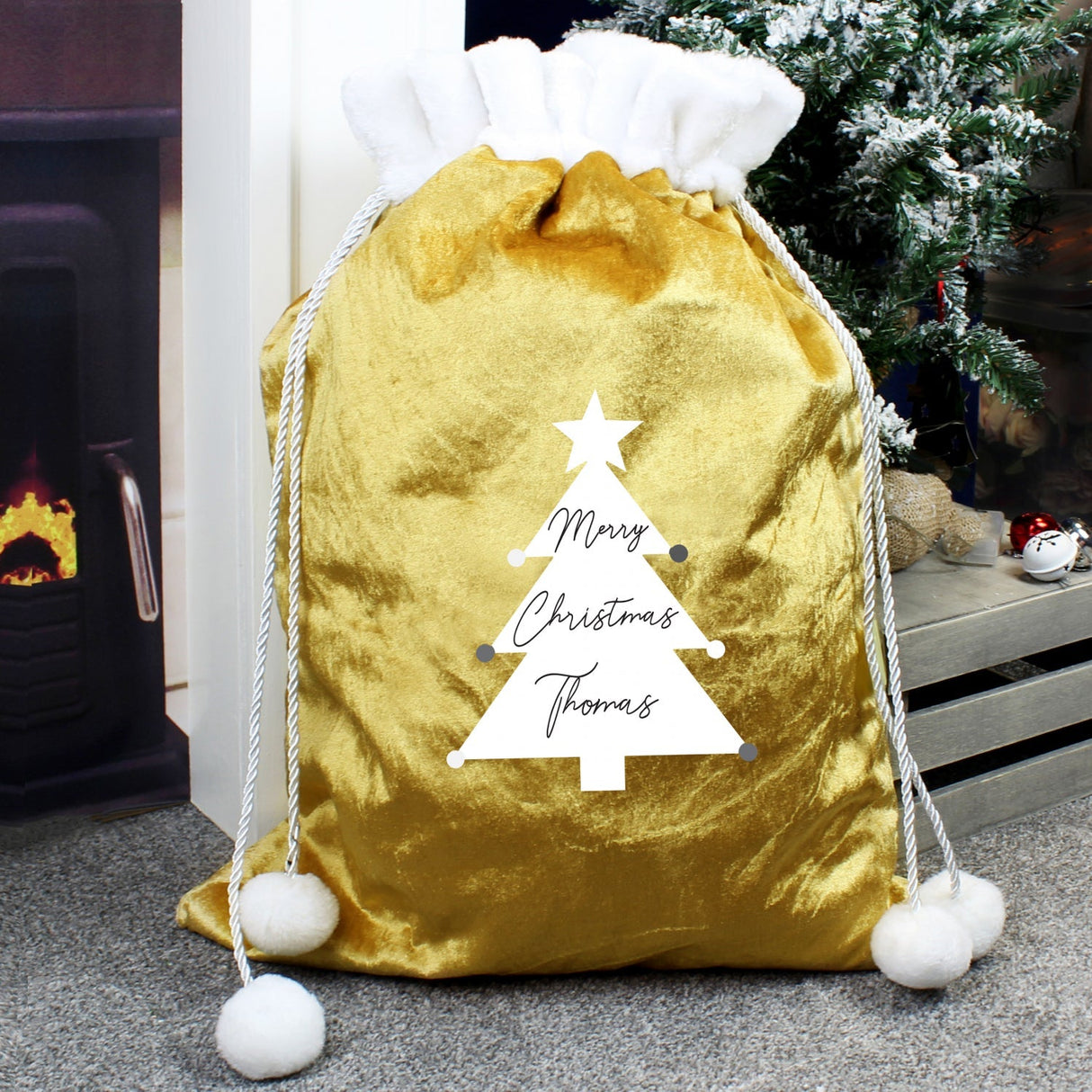 Personalised Christmas Tree Luxury Pom Pom Gold Sack: 2 - Christmas Sacks By Gift Moments