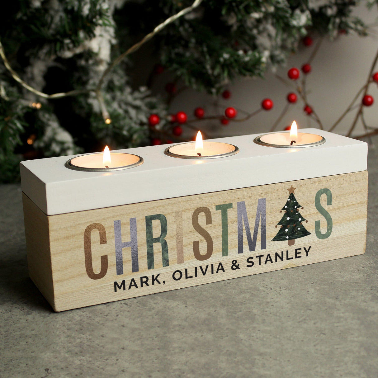 Personalised Christmas Tree Triple Tea Light Box: 2 - Candle Holders By Gift Moments