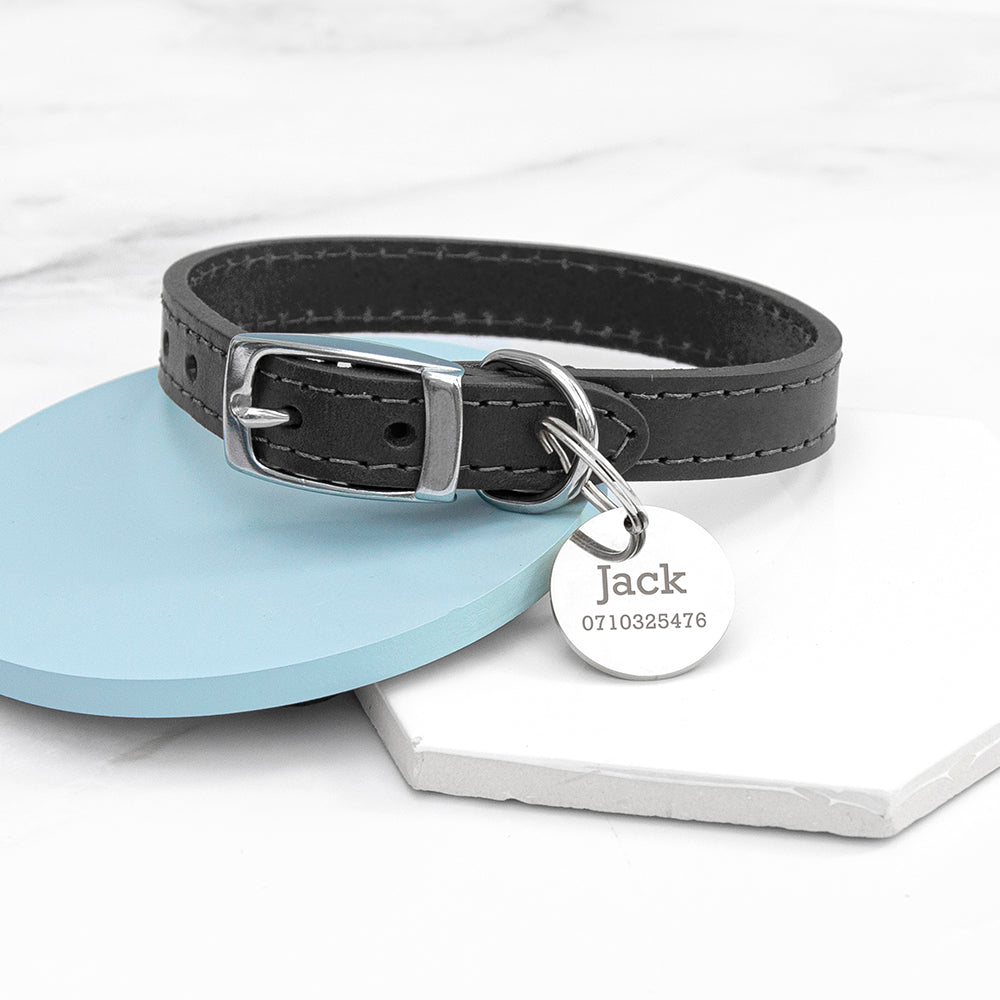 Personalised Classic Black Leather Dog Collar with Tag - XXS (20-26CM) - Shop Pet Products At Gift Moments - 1