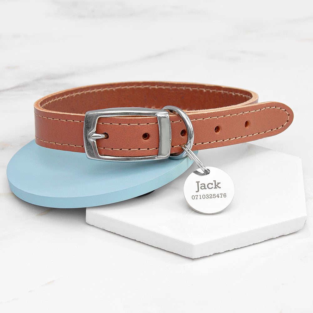 Personalised Classic Brown Leather Dog Collar with Metal Tag - XXS (20-26CM) - Shop Pet Products At Gift Moments - 1