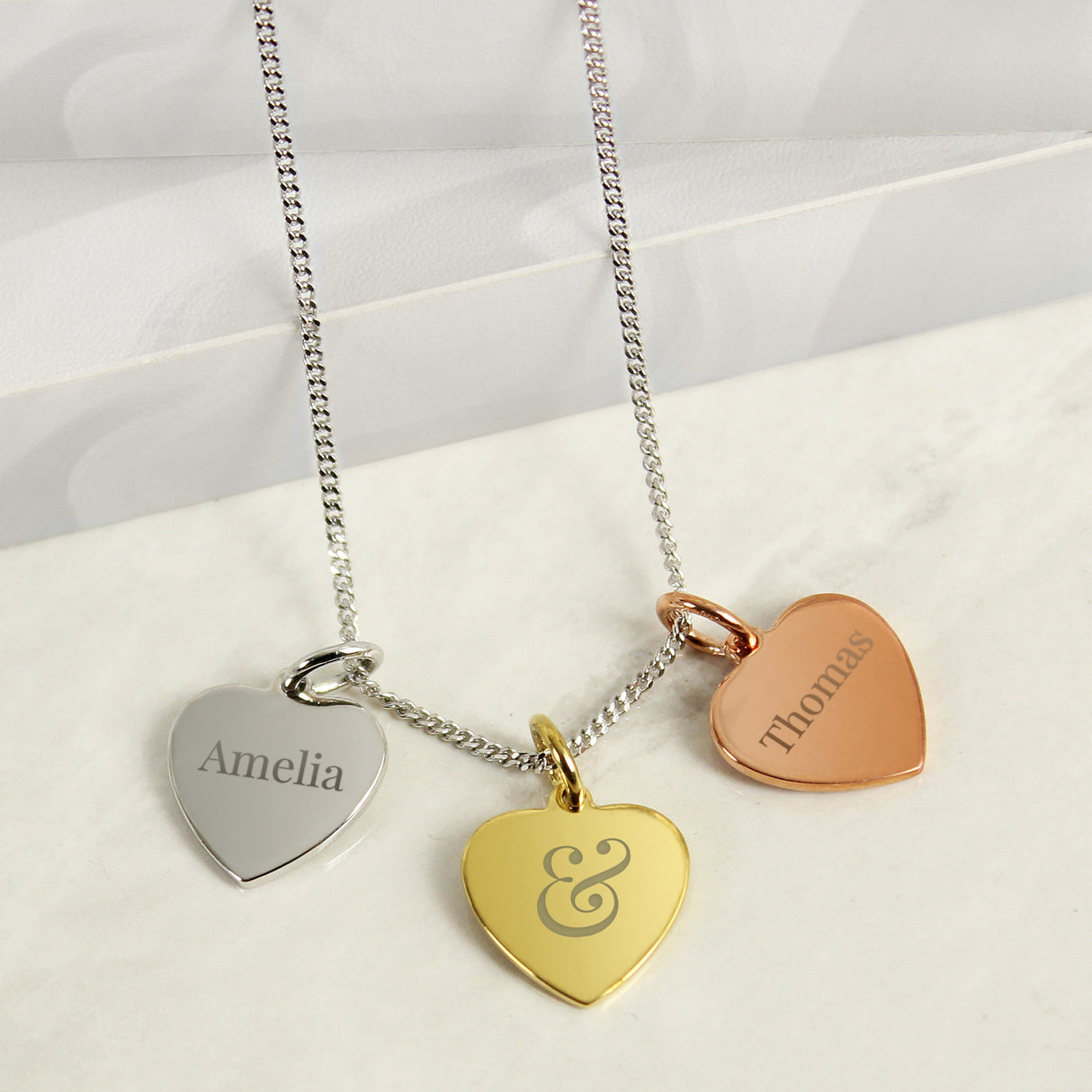 Personalised Couples Gold Rose Gold and Silver 3 Hearts Necklace: 1 - Necklaces By Gift Moments