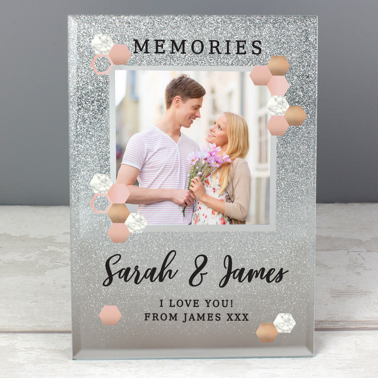 Personalised Cute Hexagon Design 4x4 Glitter Glass Photo Frame: 1 - Photo Frames By Gift Moments
