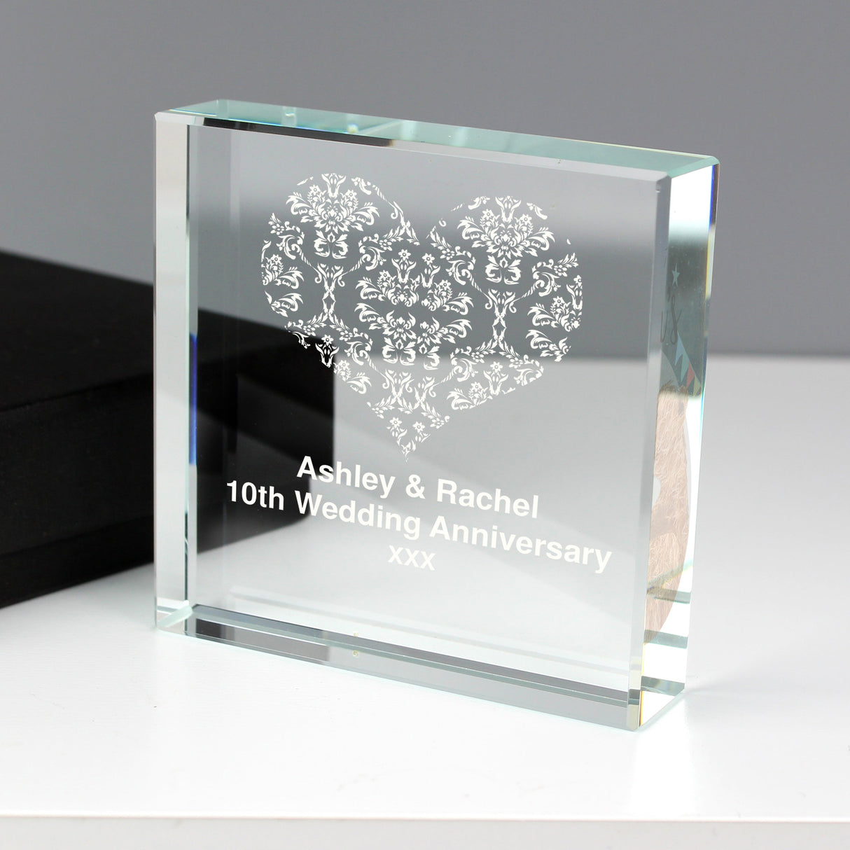 Personalised Damask White Heart Crystal Token: 3 - Crystal Tokens By Gift Moments