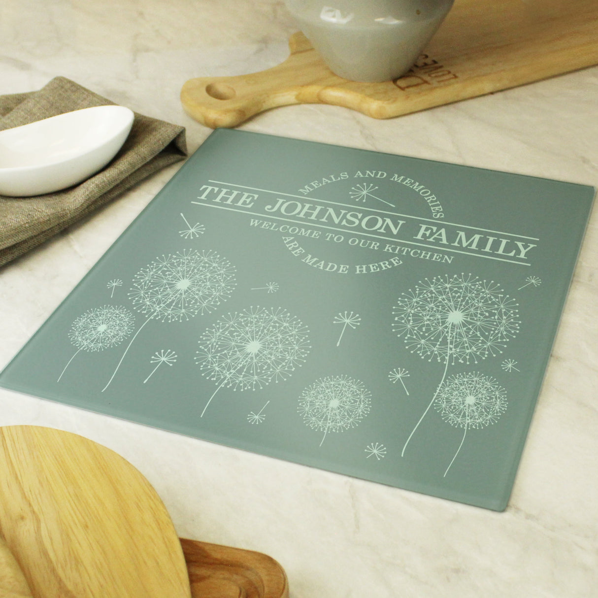 Personalised Dandelion Glass Chopping Board/Worktop Saver: 2 - Chopping Boards By Gift Moments