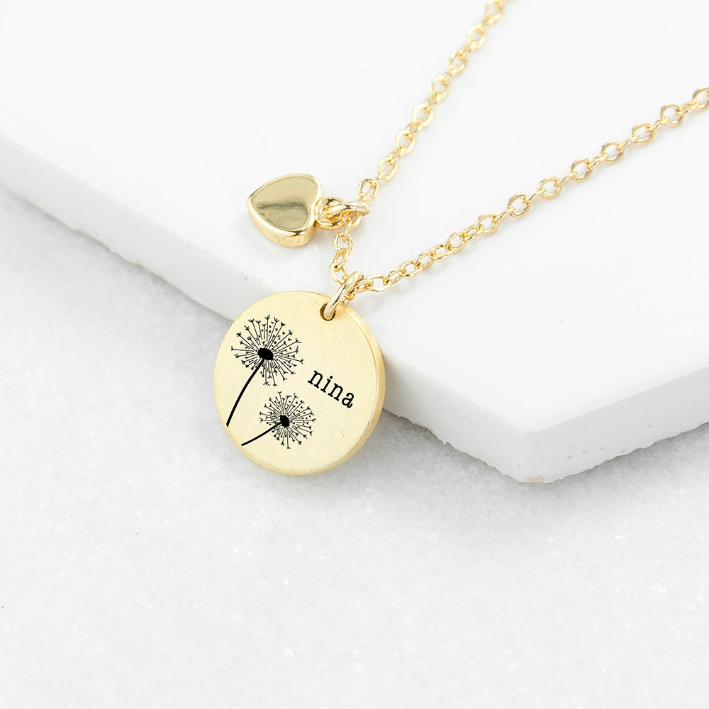 Personalised Dandelion Matte Heart & Disc Necklaces: 3 - Gold - Necklaces By Gift Moments