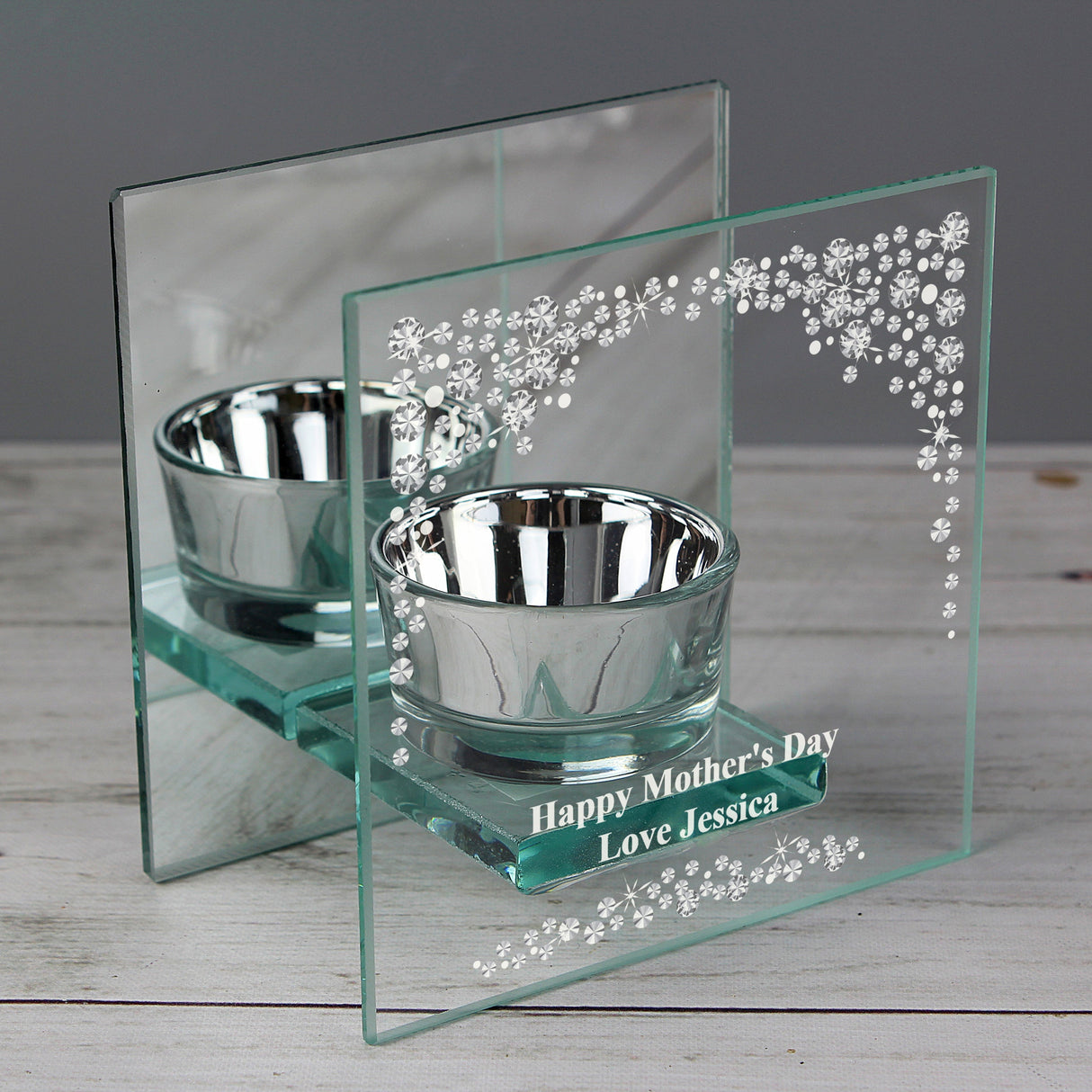 Personalised Diamante Effect Mirrored Glass Tea Light Candle Holder: 2 - Candle Holders By Gift Moments
