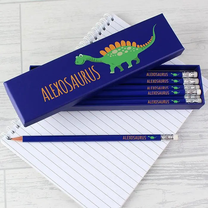 Personalised Dinosaur Box of 12 Blue HB Pencils - Shop Pens & Pencils At Gift Moments - 1