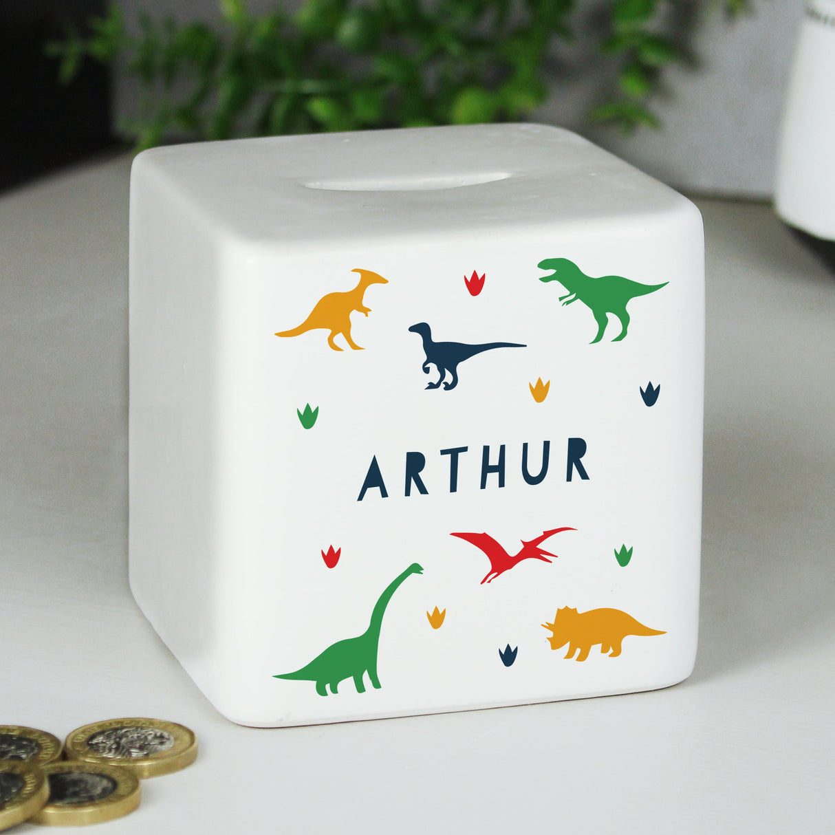 Personalised Dinosaur Ceramic Square Money Box: 3 - Money Boxes By Gift Moments