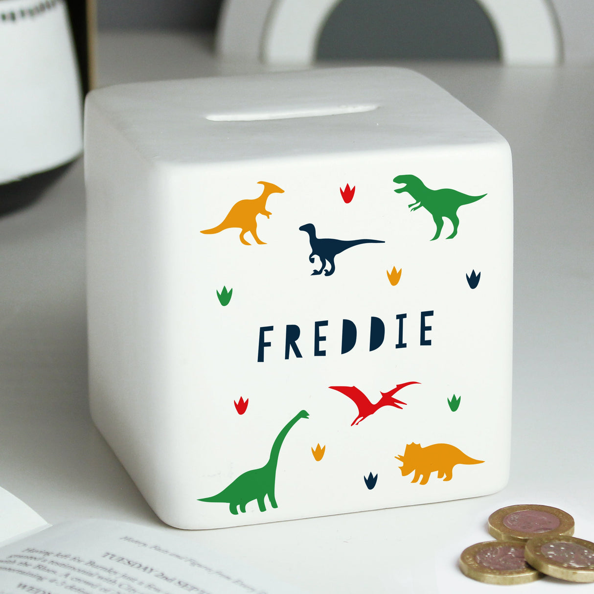 Personalised Dinosaur Ceramic Square Money Box: 4 - Money Boxes By Gift Moments