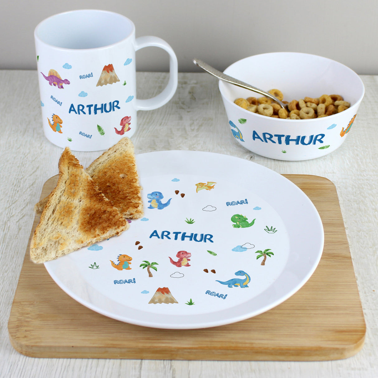 Personalised Dinosaur Plastic Breakfast Set: 1 - Tableware By Gift Moments