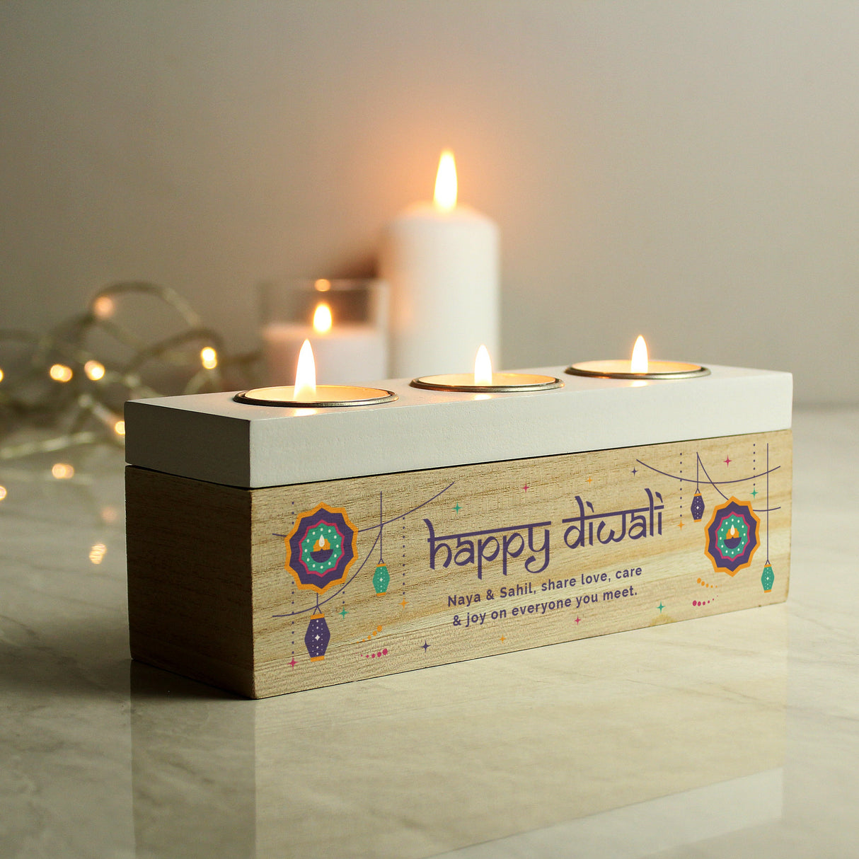 Personalised Diwali Triple Tealight Box: 4 - Candle Holders By Gift Moments