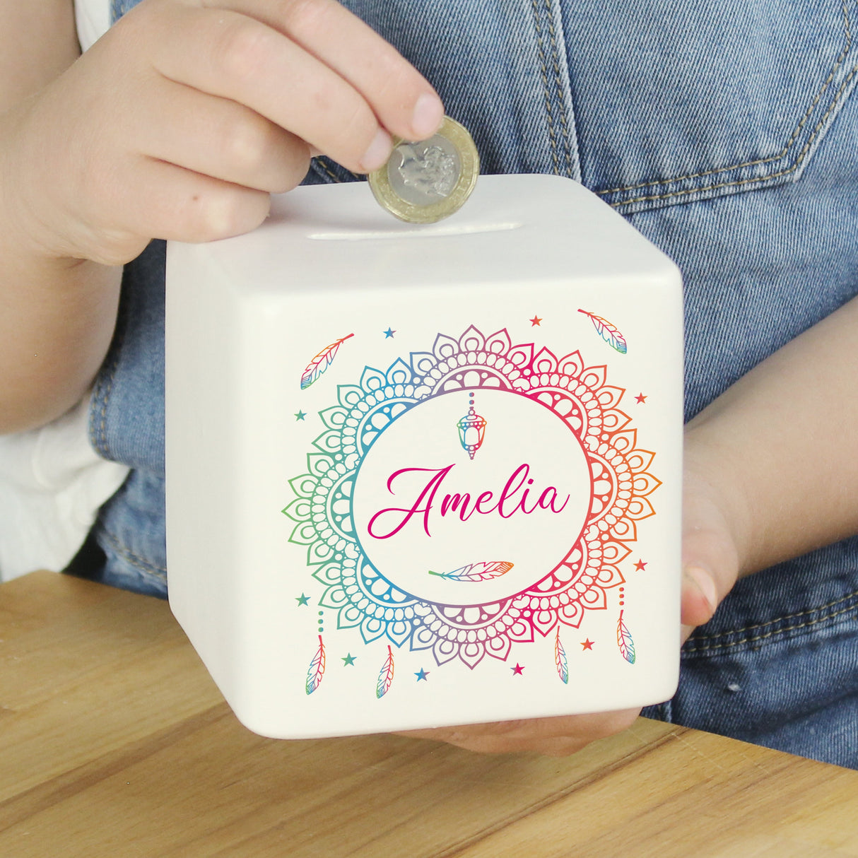 Personalised Dreamcatcher Ceramic Square Money Box: 3 - Money Boxes By Gift Moments