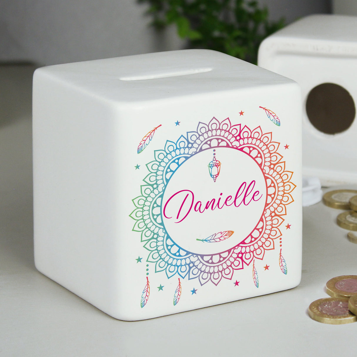 Personalised Dreamcatcher Ceramic Square Money Box: 1 - Money Boxes By Gift Moments