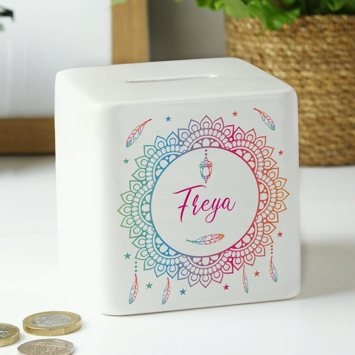 Personalised Dreamcatcher Ceramic Square Money Box: 4 - Money Boxes By Gift Moments