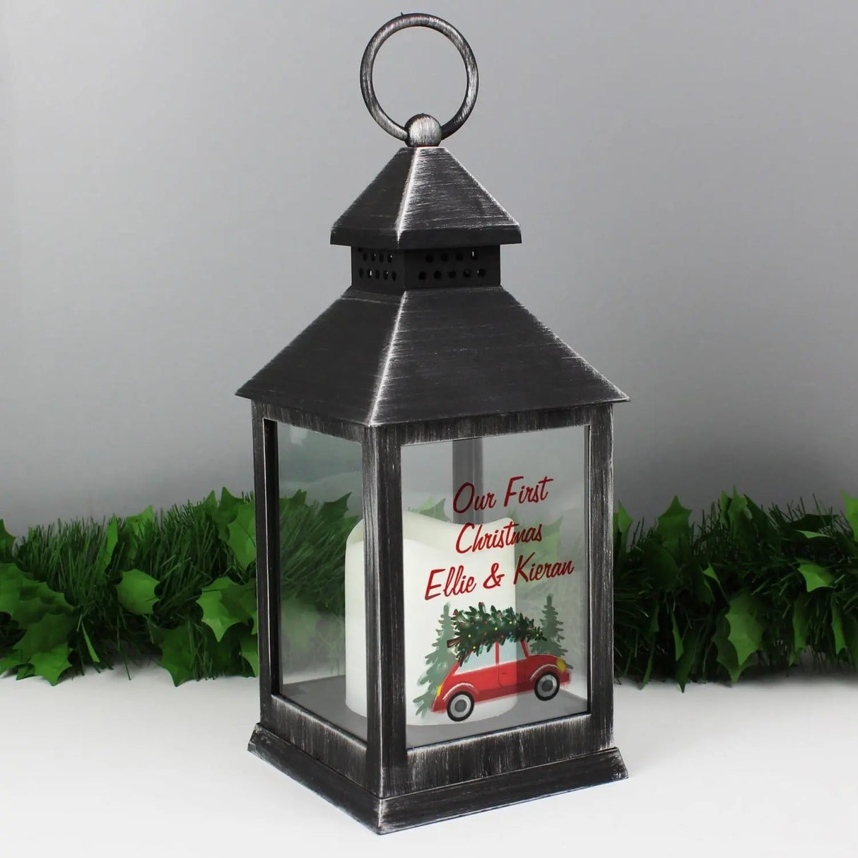 Personalised ’Driving Home For Christmas’ Rustic Black Lantern: 2 - LED Lighting By Gift Moments