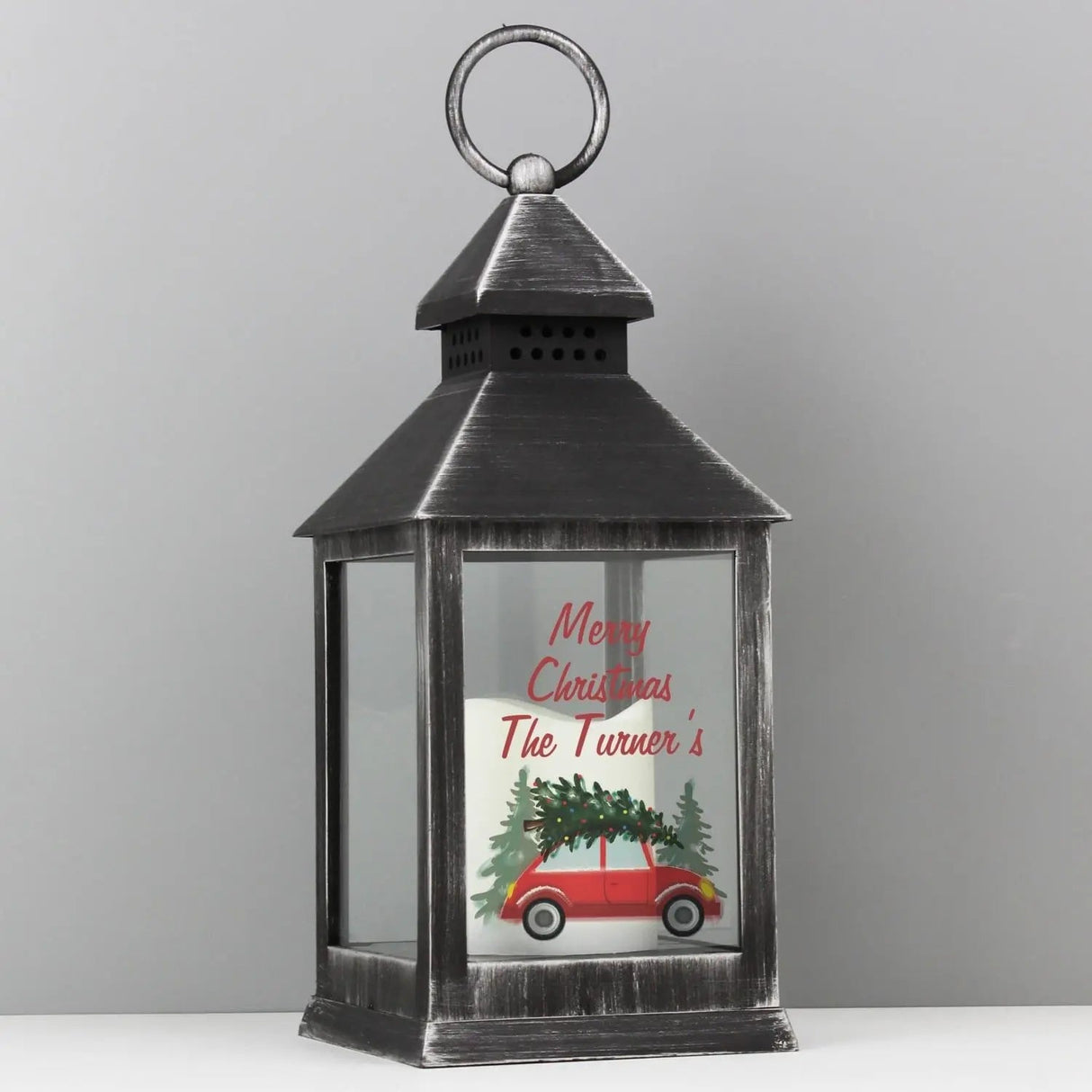 Personalised ’Driving Home For Christmas’ Rustic Black Lantern: 3 - LED Lighting By Gift Moments