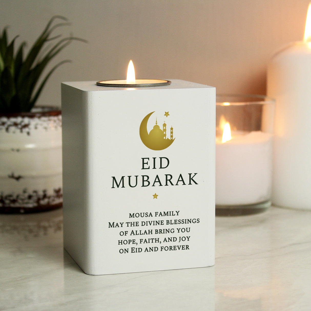 Personalised Eid and Ramadan White Wooden Tea light Holder: 3 - Candle Holders By Gift Moments