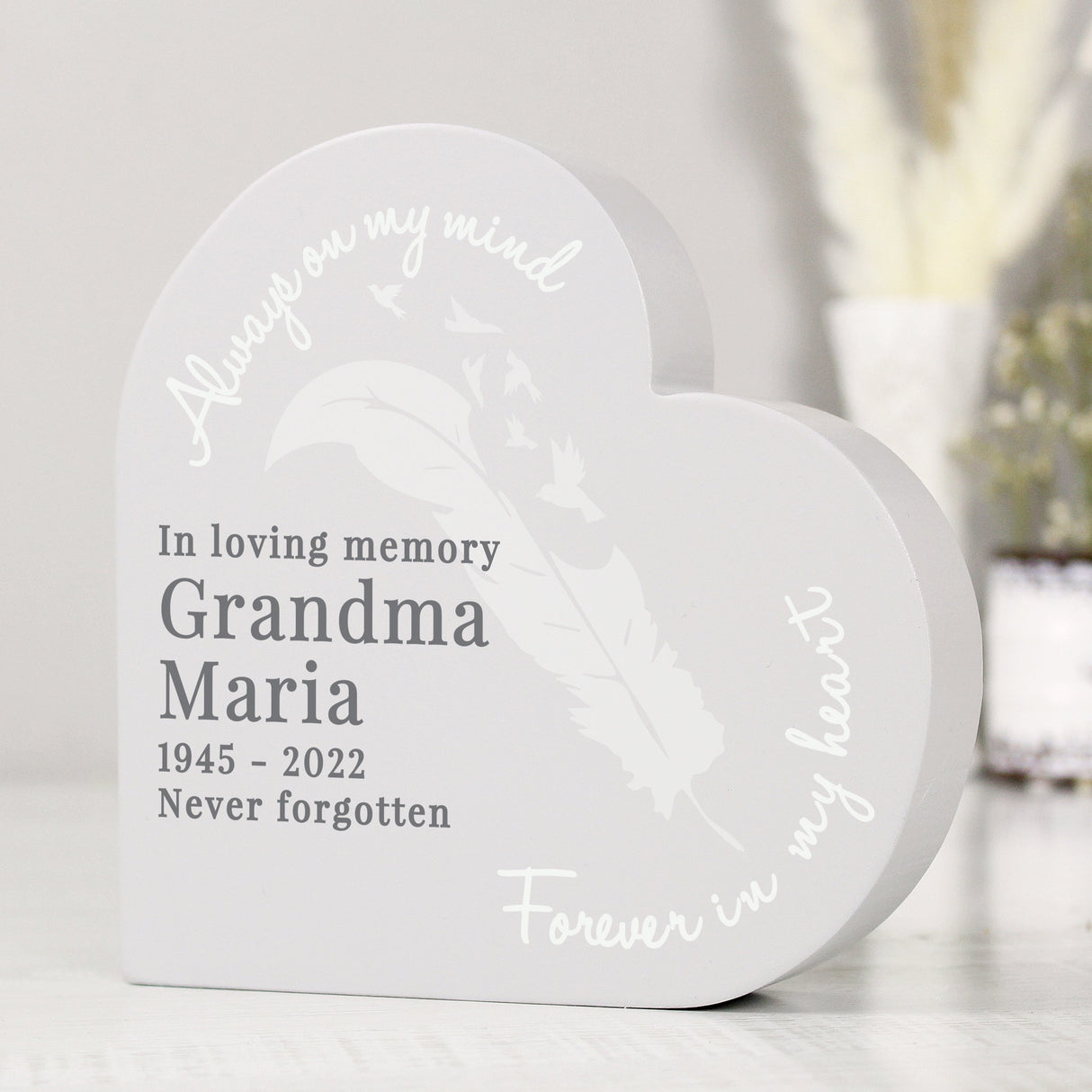 Personalised Feather Free Standing Heart Ornament: 4 - Memorials By Gift Moments