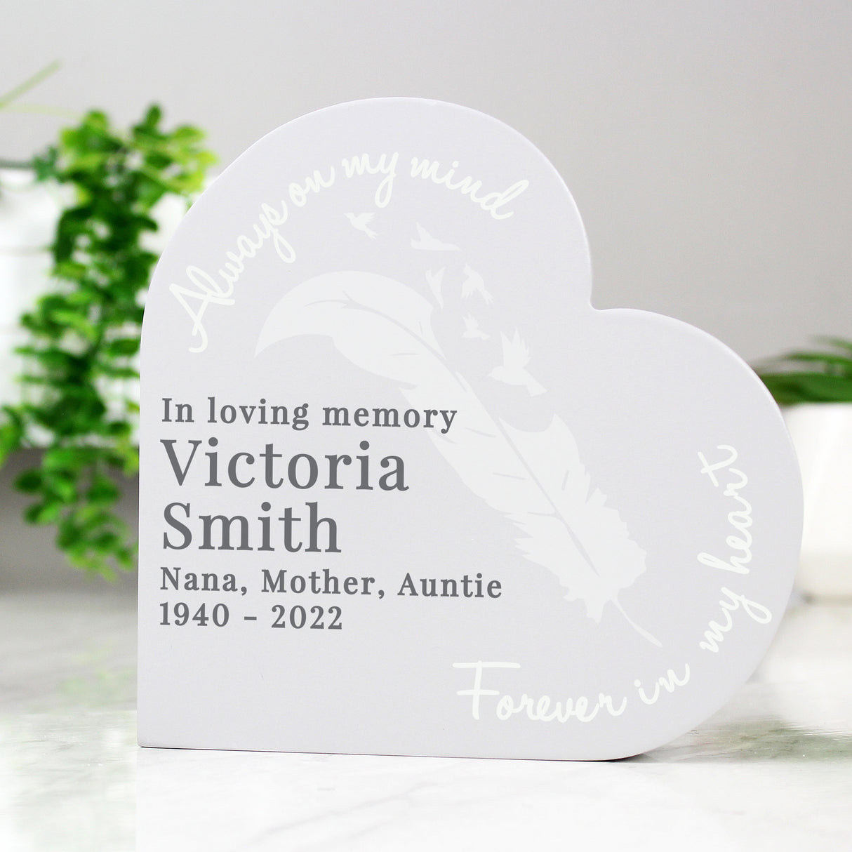Personalised Feather Free Standing Heart Ornament: 1 - Memorials By Gift Moments