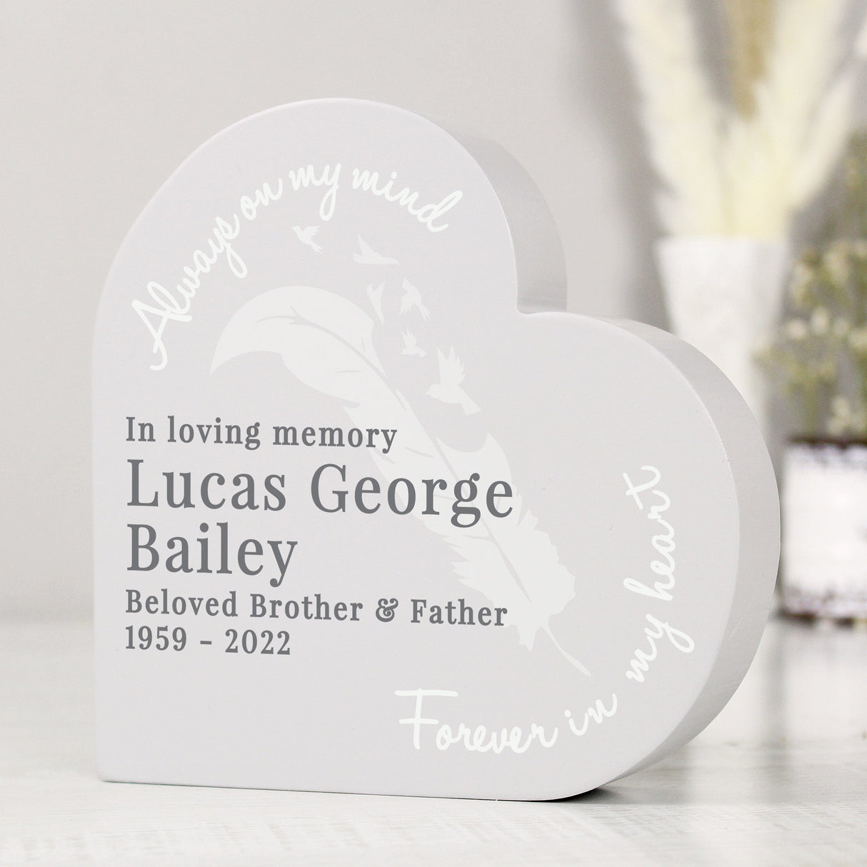 Personalised Feather Free Standing Heart Ornament: 2 - Memorials By Gift Moments