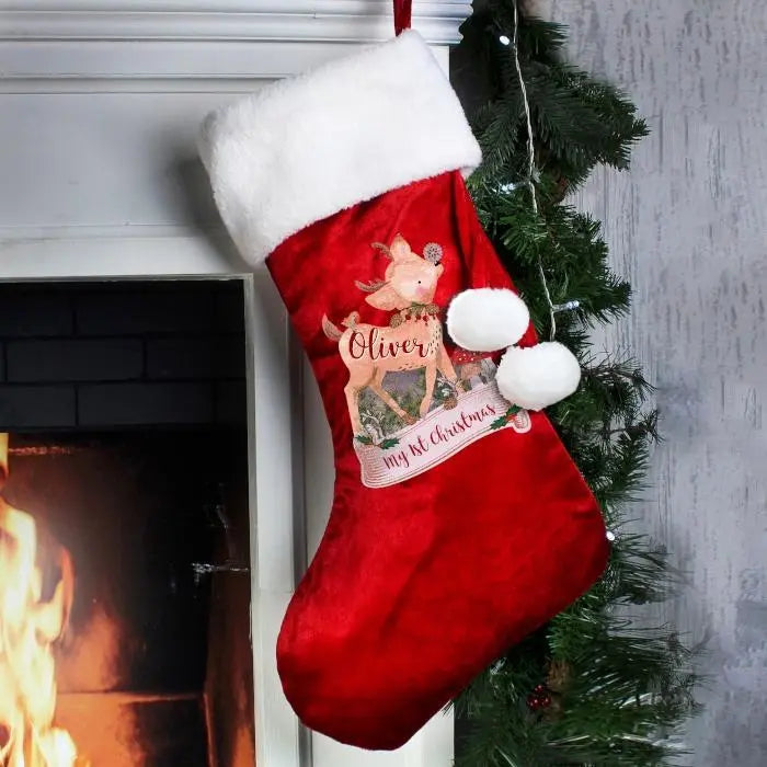 Personalised Festive Fawn Luxury Red Stocking: 3 - Christmas Stockings By Gift Moments