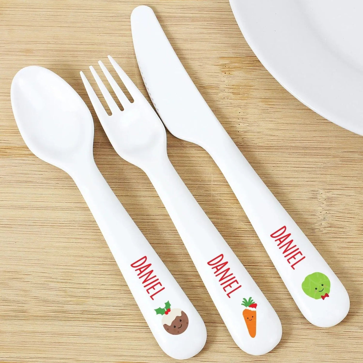 Personalised ’First Christmas Dinner’ 3 Piece Plastic Cutlery Set: 1 - Cutlery Sets By Gift Moments