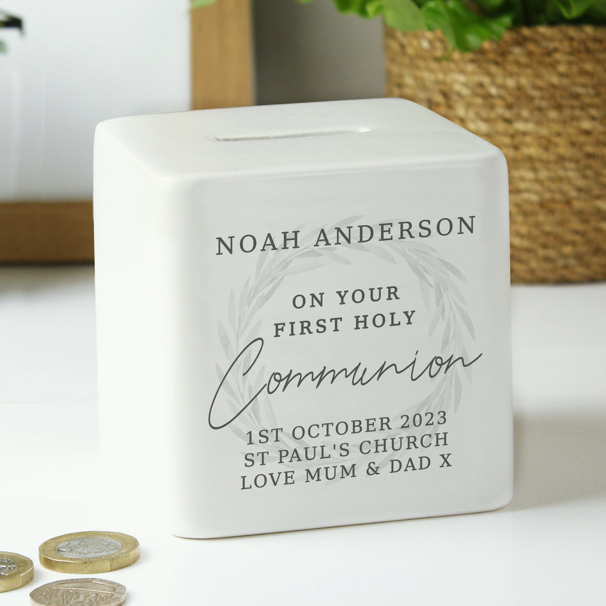 Personalised First Holy Communion Ceramic Square Money Box: 4 - Money Boxes By Gift Moments