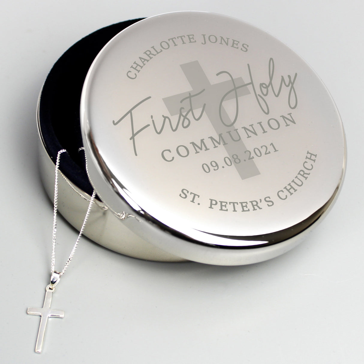 Personalised First Holy Communion Round Trinket Box & Cross Necklace Set: 1 - Necklaces By Gift Moments