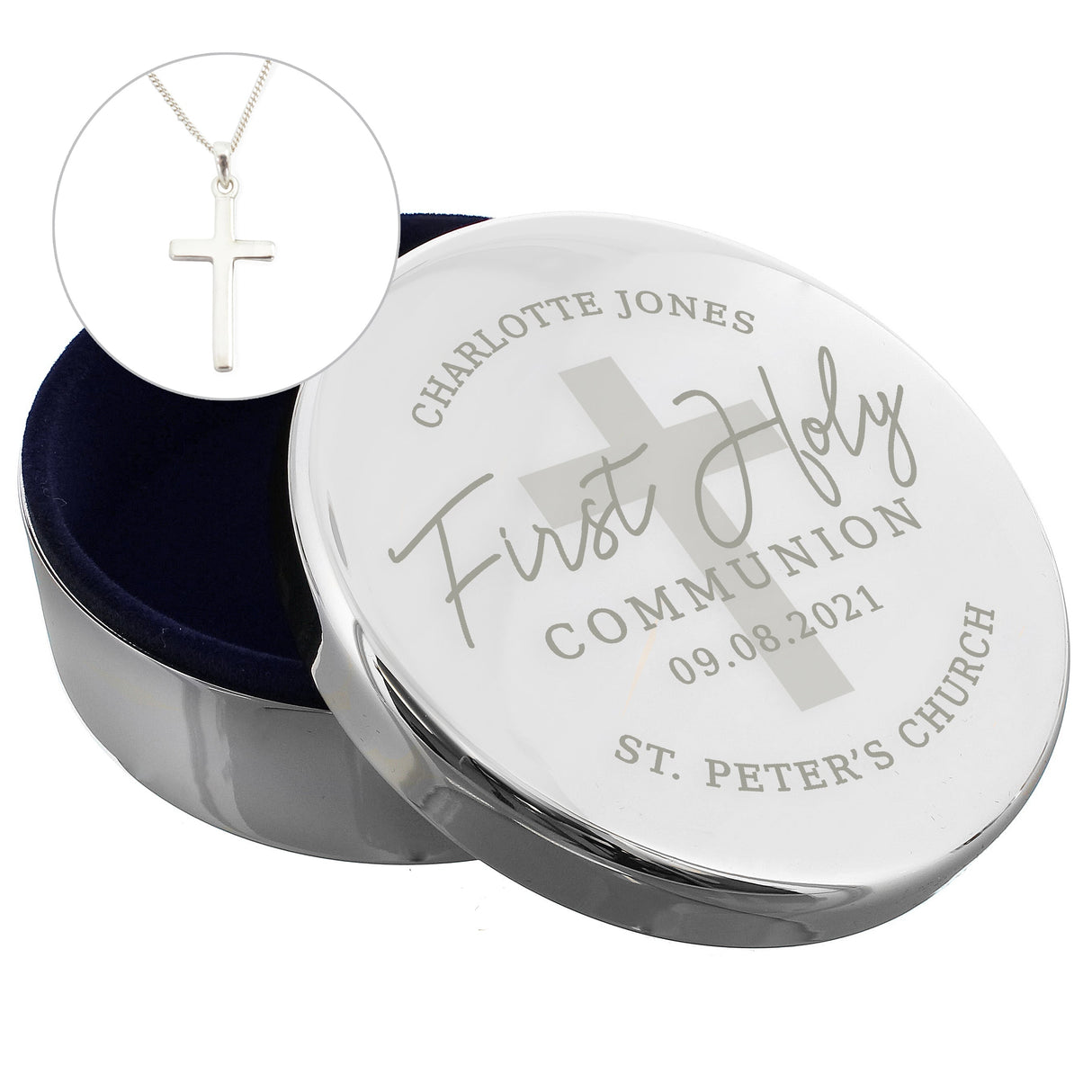 Personalised First Holy Communion Round Trinket Box & Cross Necklace Set: 2 - Necklaces By Gift Moments