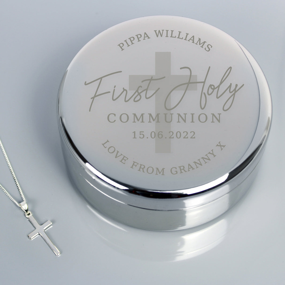 Personalised First Holy Communion Round Trinket Box & Cross Necklace Set: 3 - Necklaces By Gift Moments