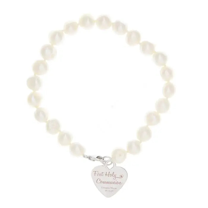 Personalised First Holy Communion Swirls & Hearts White Freshwater Pearl Bracelet: 3 - Bracelets By Gift Moments