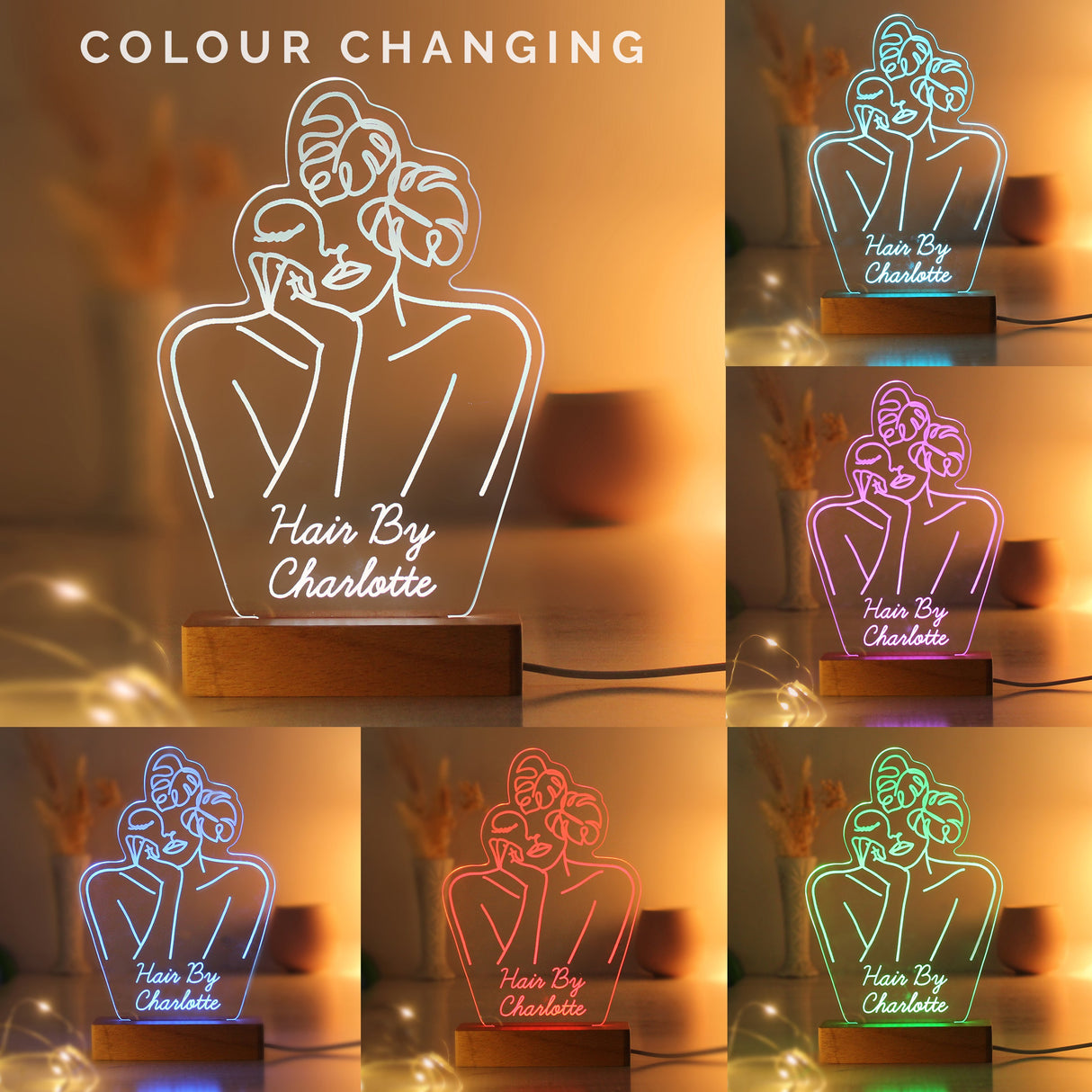 Personalised Fleur Line Art Wooden Based LED Light: 2 - LED Lighting By Gift Moments