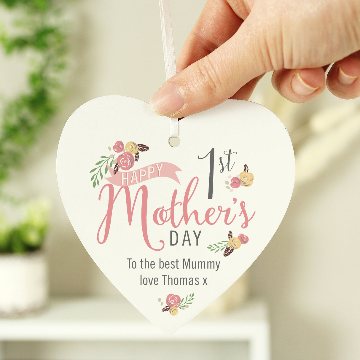 Personalised Floral Bouquet 1st Mothers Day Wooden Heart Decoration: 1 - Decorations By Gift Moments